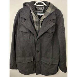 Buffalo David Bitton - Wool Hooded Heavy Peacoat Jacket - Mens Sz XL Black Gray